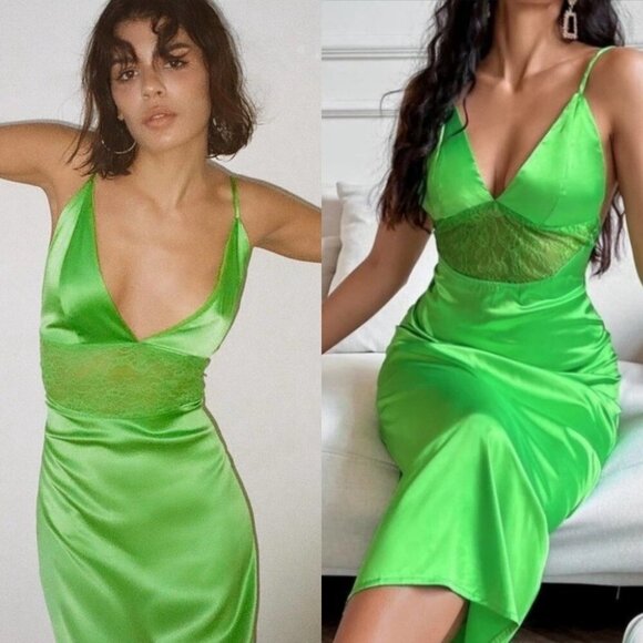Zara Satin Effect Lace Slip Maxi Dress Green Blogger Fave  Size Small - Picture 4 of 9